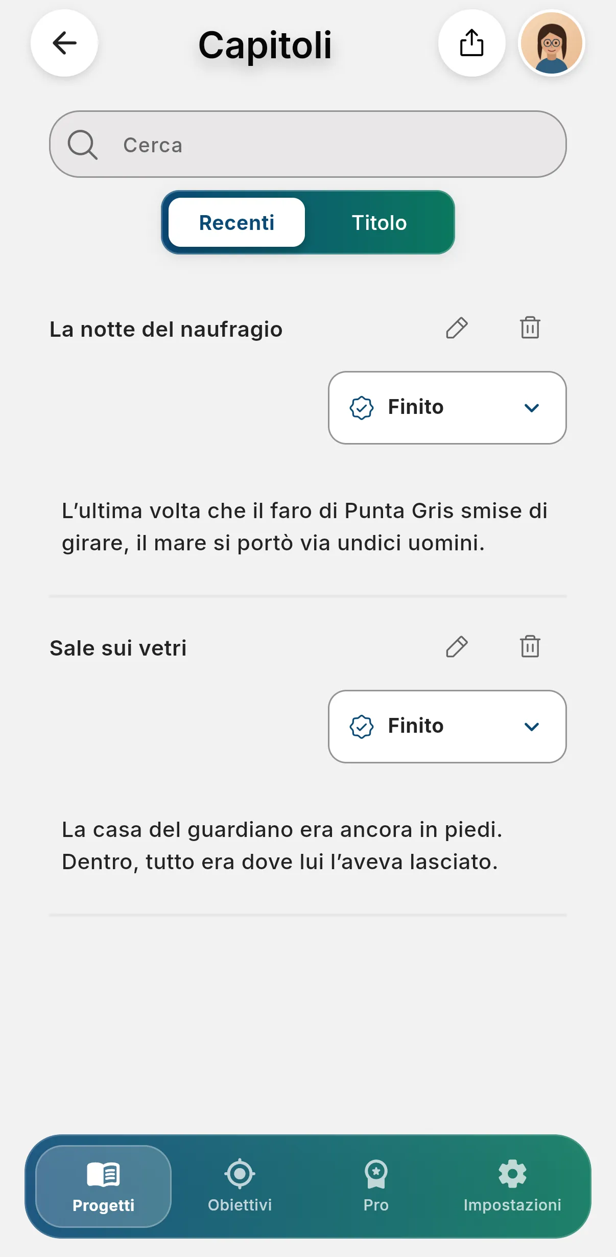 Vista dei capitoli di Other Twist su smartphone