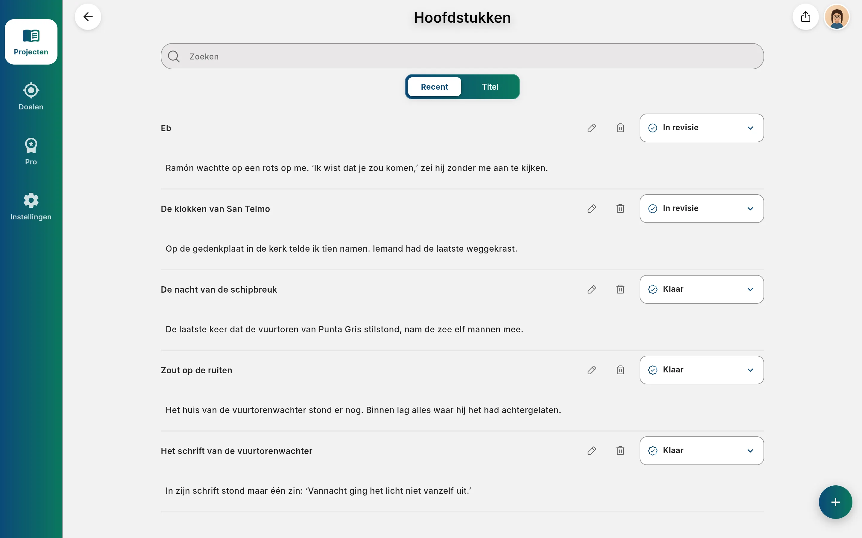 Hoofdstukkenweergave van Other Twist op desktop