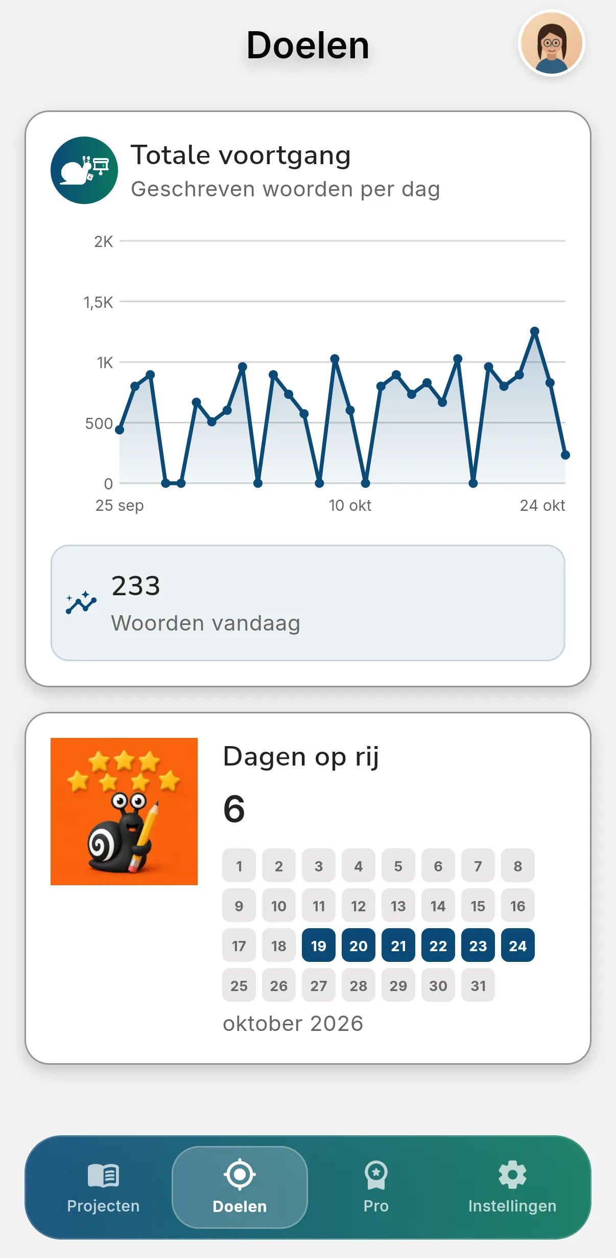 Doelenscherm van Other Twist met je schrijfvoortgang