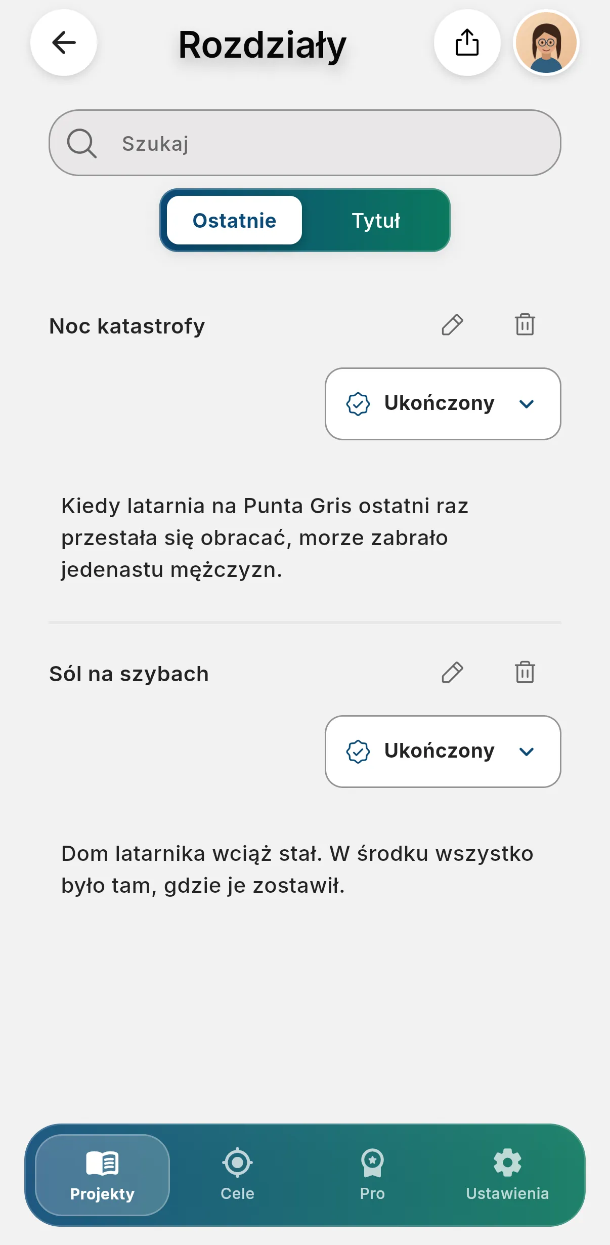 Widok rozdziałów Other Twist na telefonie